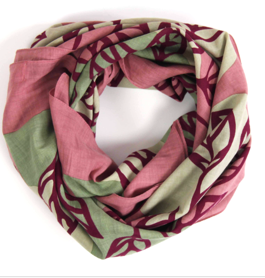 Les Belles Vagabondes Palenque cotton square scarf, rose pink and sage leaf print, coiled