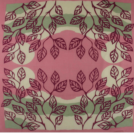 Les Belles Vagabondes Palenque cotton square scarf, plum leaf print on rose pink, flat