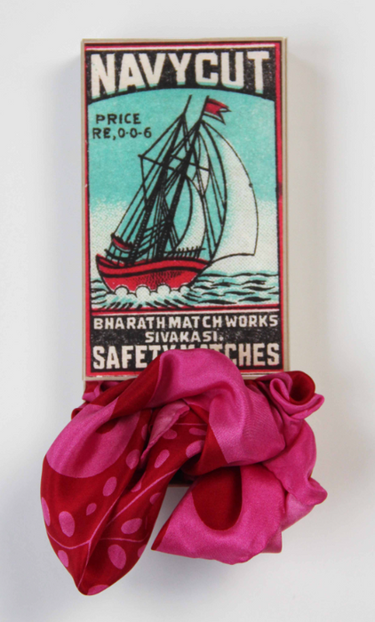 Les Belles Vagabondes fuchsia silk scarf styled with a vintage matchbox
