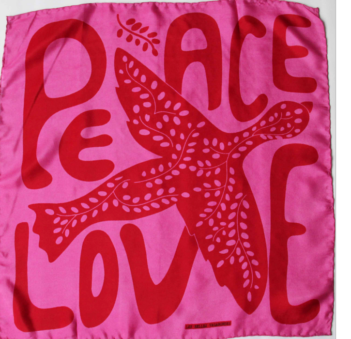 Les Belles Vagabondes Peace Love silk scarf, red dove print on fuchsia pink