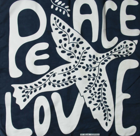 Les Belles Vagabondes Peace Love silk scarf, white dove print on navy