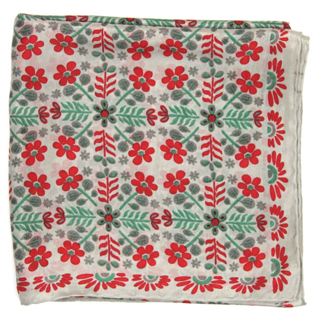 Les Belles Vagabondes square silk scarf, red flowers and green leaves on cream, flat lay