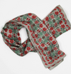 Les Belles Vagabondes square silk scarf, red and green floral print, loosely twisted