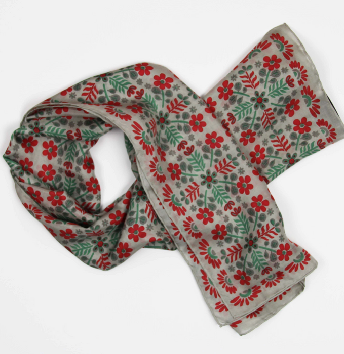 Les Belles Vagabondes square silk scarf, red and green floral print, loosely twisted
