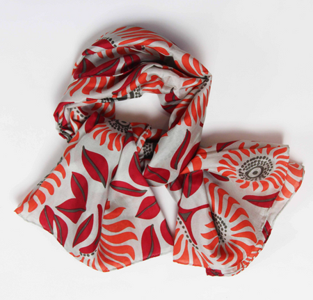 Les Belles Vagabondes square silk scarf, red and orange floral print, loosely twisted