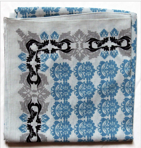 Les Belles Vagabondes Trianon cotton square scarf, grey and turquoise paisley print, folded
