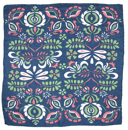 Les Belles Vagabondes Yulia mini silk scarf, folk floral print on navy