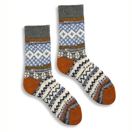 Lisa B Fairisle wool cashmere crew socks in pumpkin with blue and white Fair Isle pattern and orange heel and toe