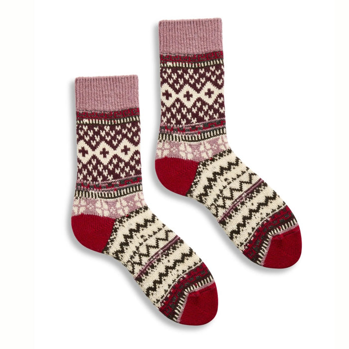 Lisa B Fairisle wool cashmere crew socks in rosewood with red and cream Fair Isle pattern and red heel and toe