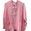 LOOM pink silk shirt with Chinese collar and patch pocket, on a hanger