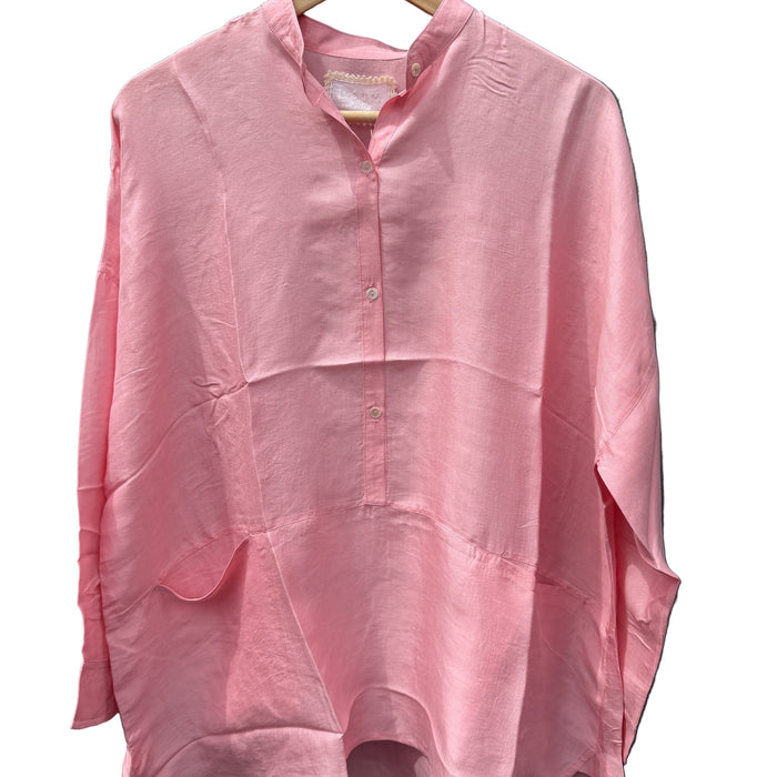 LOOM pink silk shirt with Chinese collar and patch pocket, on a hanger