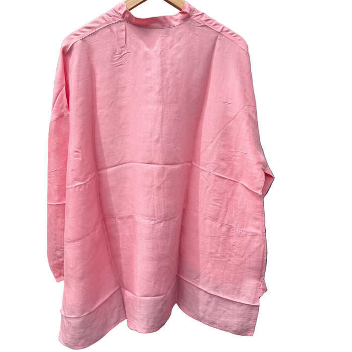 LOOM pink silk Chinese collar shirt hanging with sleeves spread