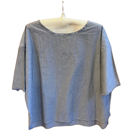 LOOM silver grey cotton short sleeve boxy blouse on a hanger
