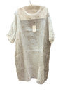 LOOM white organza dress with small khaki cross motif, on a hanger