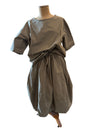 LOOM grey origami balloon skirt styled with a matching top on a mannequin