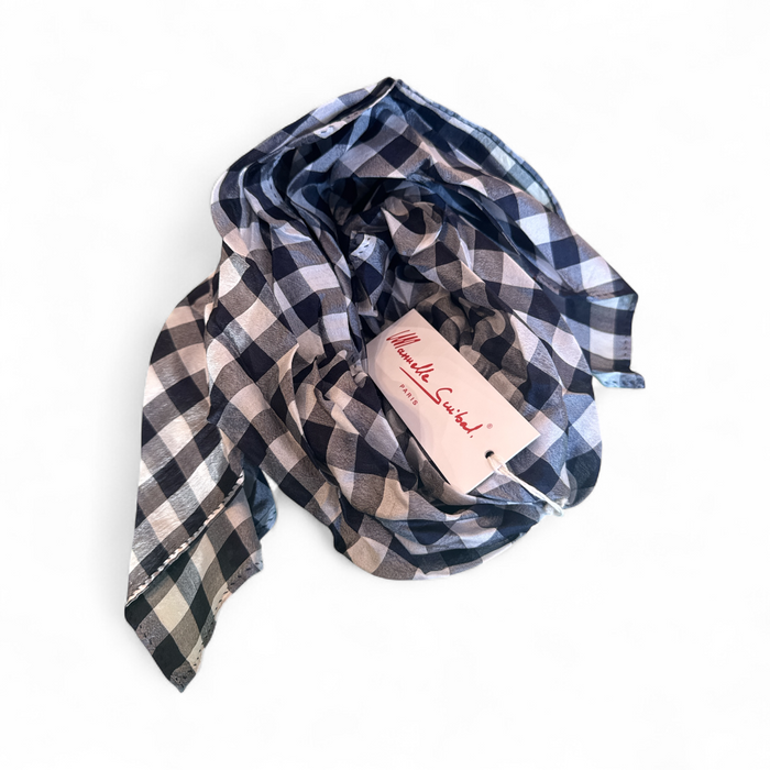 Manuelle Guibal Injiso check silk bandana scarf in navy and white gingham