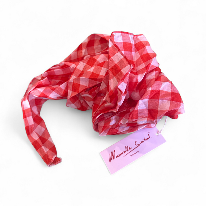 Manuelle Guibal Injiso check silk bandana scarf in red and white gingham