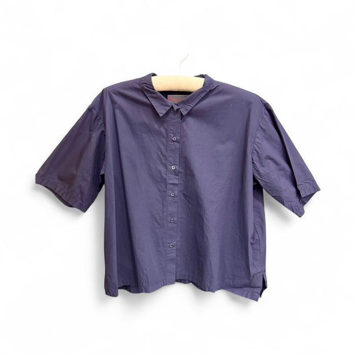 Manuelle Guibal Iyo short sleeve cotton shirt in indigo blue, on hanger