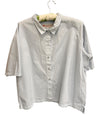 Manuelle Guibal Iyo short sleeve cotton shirt in moonish blue grey, on hanger