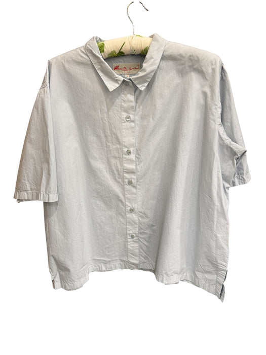 Manuelle Guibal Iyo short sleeve cotton shirt in moonish blue grey, on hanger