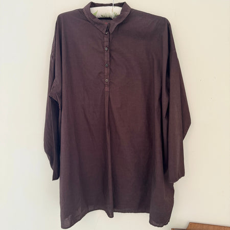 Manuelle Guibal Keya cotton blouse in cocoa brown, front view on hanger