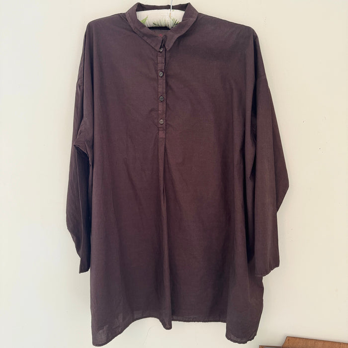 Manuelle Guibal Keya cotton blouse in cocoa brown, front view on hanger