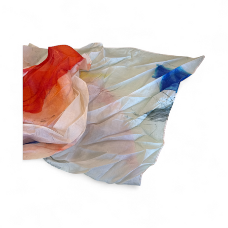 Manuelle Guibal Noni silk bandana scarf in a pastel, red and blue print, spread out
