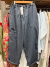 Manuelle Guibal Sata cotton worker pant in abyss navy, front view on hanger