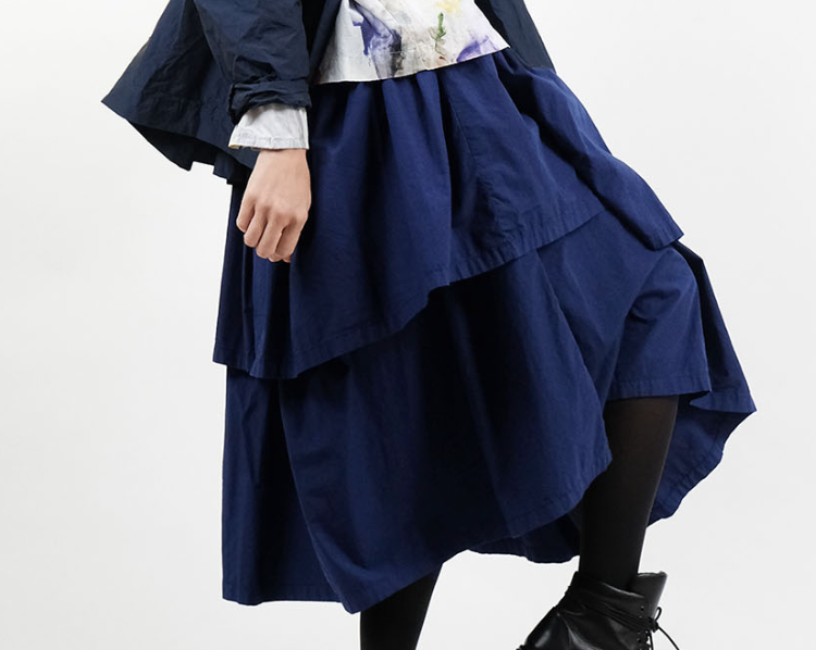 Manuelle Guibal Yizik tiered cotton skirt in navy, worn side view