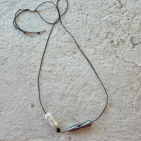 Mary Odorcic pearl charm necklace, white and grey pearls on black silk