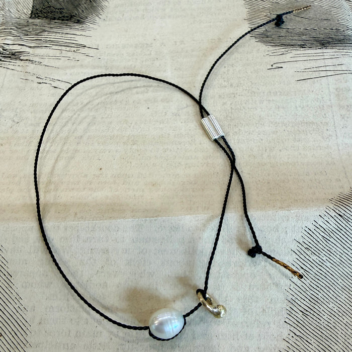 Mary Odorcic silk bracelet with silver and gold disc charms, alternate view