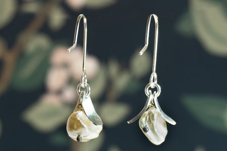 Mary Odorcic small silver hook earrings with white keshi pearl