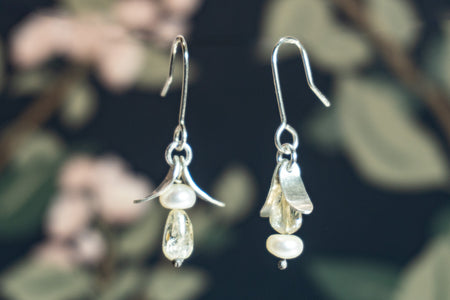 Mary Odorcic small silver hook earrings with white pearl and citrine bead, asymmetrical