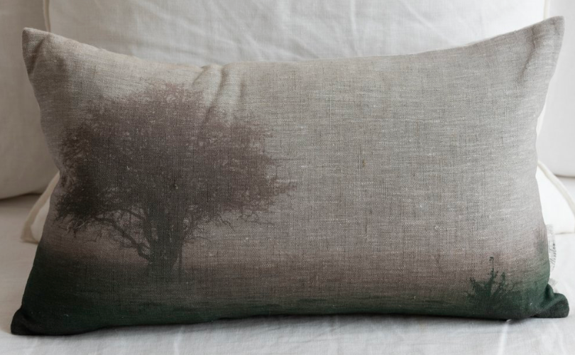 Melissa Stewart oblong linen cushion printed with a misty tree