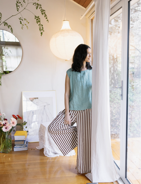 Metta Melbourne Chisato coco stripe wide-leg pants, worn