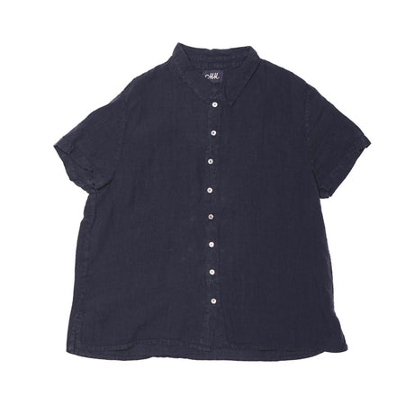 Metta Melbourne Cliff linen short sleeve shirt in navy, flat lay