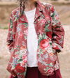 Metta Melbourne Dominique blazer in sunset floral, worn with a red skirt