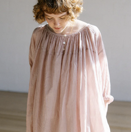 Metta Melbourne Elle gathered smock dress in protea pink, worn