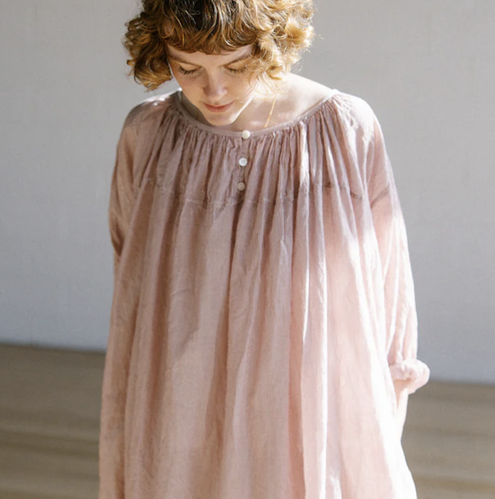 Metta Melbourne Elle gathered smock dress in protea pink, worn