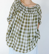 Metta Melbourne Gabrielle gathered blouse in olive check, worn front view