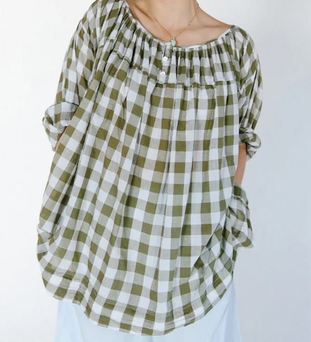 Metta Melbourne Gabrielle gathered blouse in olive check, worn front view