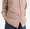 Metta Melbourne Italy shirt in coco stripe, worn close-up