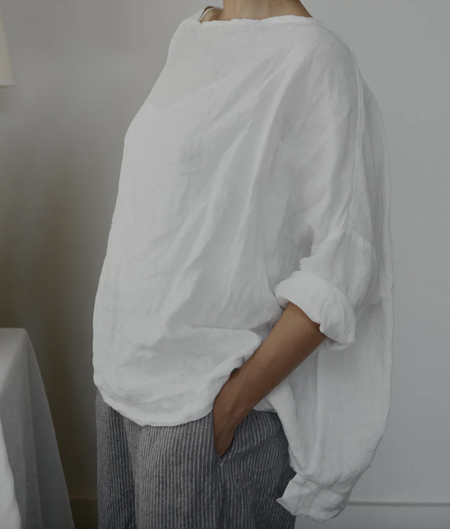 Metta Melbourne Sailor linen top in white, worn