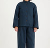 Metta Melbourne Train driver's jacket in navy, worn with matching pants