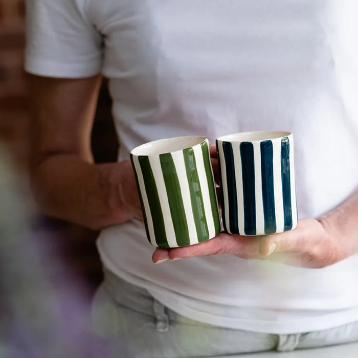 Musango demi mug in olive green and navy stripe, handmade ceramic cup made in Portugal