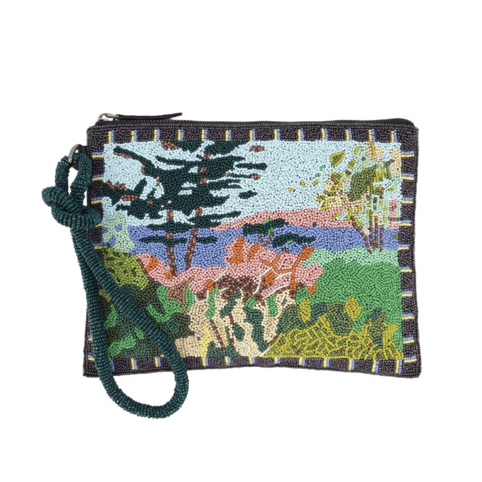 Nancybird hand-beaded zip clutch with a coastal landscape design and green wrist strap palisades