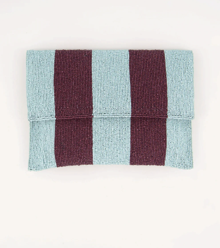Nancybird beaded fold clutch in pale blue and burgundy stripes