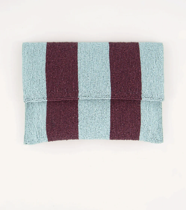 Nancybird beaded fold clutch in pale blue and burgundy stripes