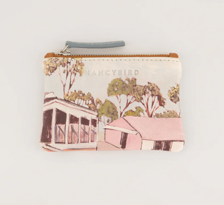 Nancybird zip card purse with shack print of pink houses and gum trees