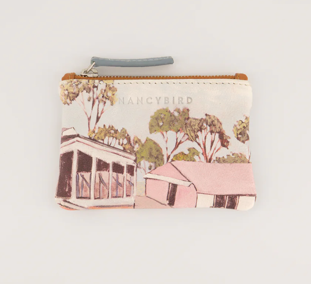 Nancybird zip card purse with shack print of pink houses and gum trees